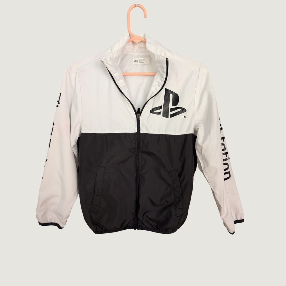 HM PlayStation Windbreaker Jacket Kids Size 8-10 White Black Colorblock Zip Up